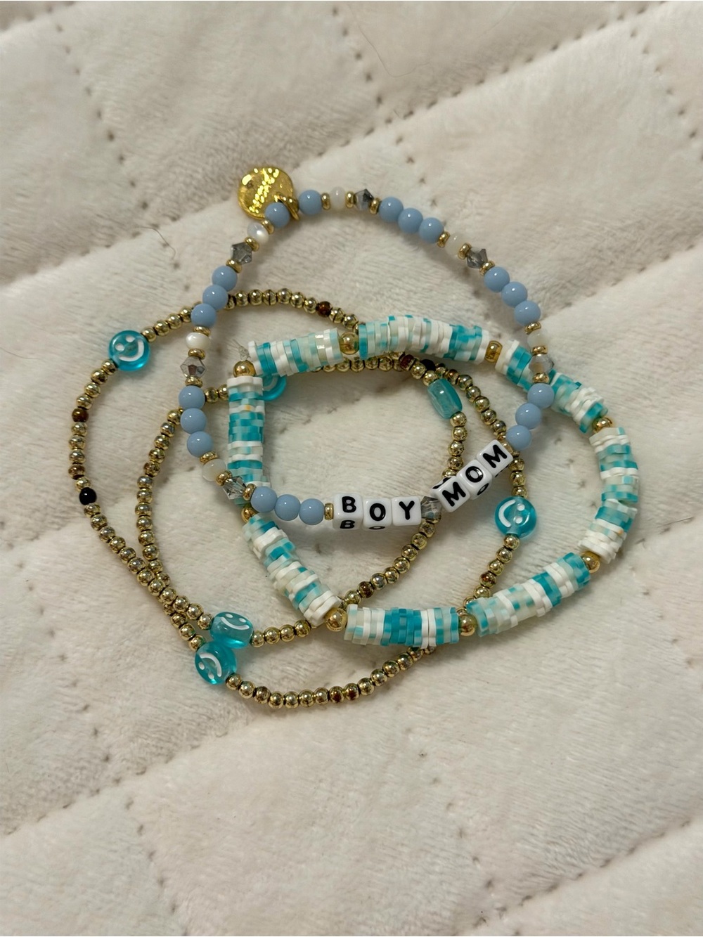 'Boy Mom' Stacked Beaded Bracelet Set - Turquoise & Gold